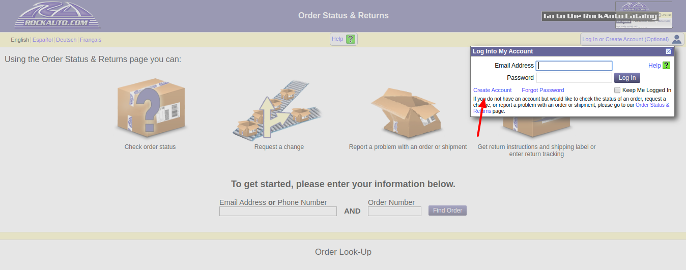 Order Status Returns Create Account