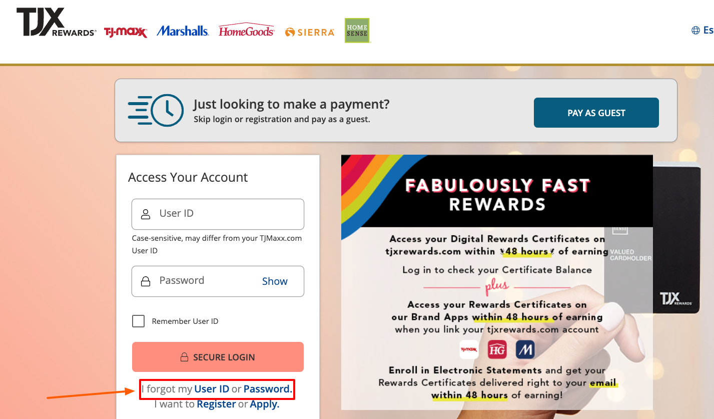 TJX Credit Card forgot account page