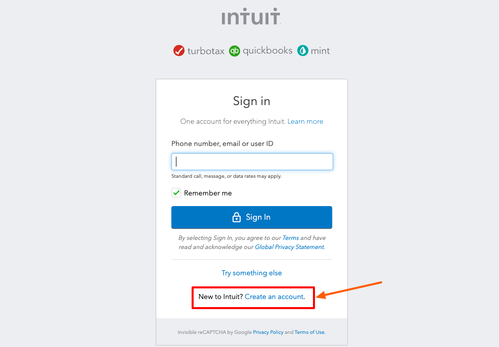 intuit create account page